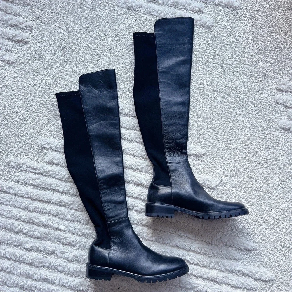 Stuart Weitzman 5050 Bold OTK Over The Knew Boots Black Leather Stretch US 6.5